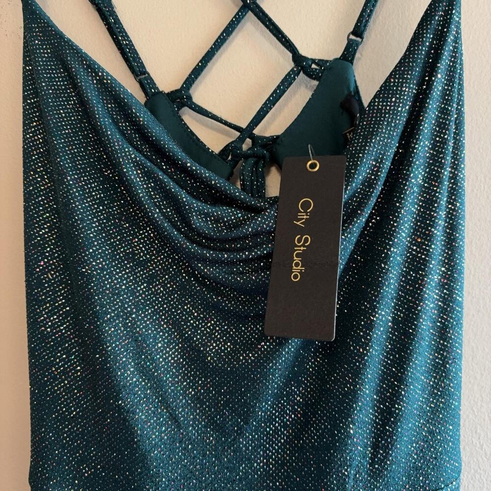 City Studio Dress Juniors 11 Green Glitter Cowl Neck Maxi Formal Gown Slit NWT
